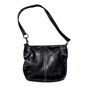 Stone Mountain Black Leather Shoulder Bag with Baseball Type Whipstitch Detail